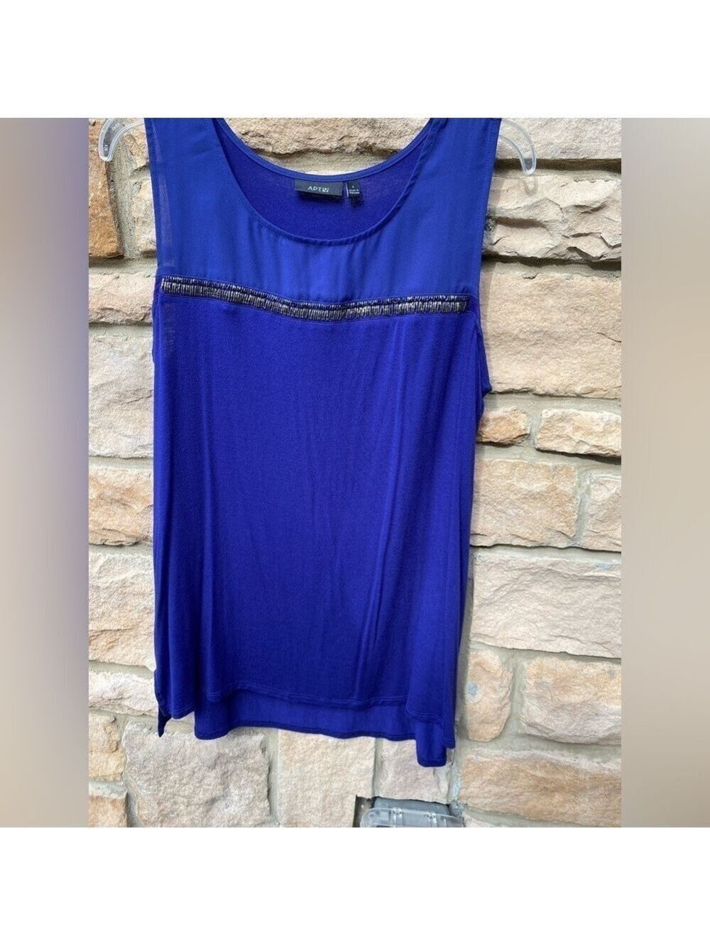 APT 9 Blue Sleeveless Tunic Shear along top W/beaded trim Rayon & Spandex blend